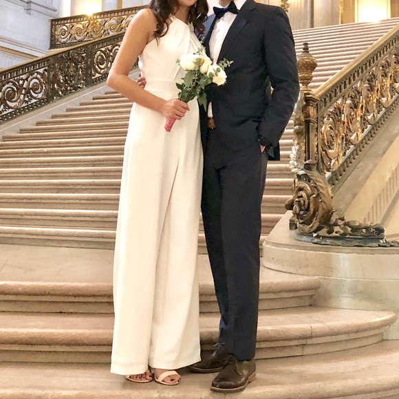 Crepe Wide-Leg Wedding Jumpsuit with Crystal Neckline - Picture 3 of 6